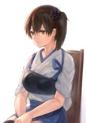 Rule 34 | 10s, 1girl, black thighhighs, blue skirt, brown eyes, brown hair, chair, flower, fukuroumori, hair flower, hair ornament, japanese clothes, kaga (kancolle), kantai collection, muneate, on chair, side ponytail, simple background, sitting, skirt, solo, thighhighs, white background
