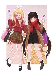 Rule 34 | :d, akamatsu kaede, alternate costume, arironpawa, bag, black footwear, black skirt, blonde hair, blunt bangs, bow, breasts, brown hair, brown jacket, commentary, danganronpa (series), danganronpa v3: killing harmony, female focus, fortissimo, hair ornament, hairclip, hand up, harukawa maki, heart, high heels, highres, holding, holding hands, jacket, large breasts, long hair, musical note, musical note hair ornament, one eye closed, open mouth, outline, pencil skirt, pink background, pink eyes, plaid, plaid jacket, red bow, red eyes, red scarf, red scrunchie, red sweater, scarf, scrunchie, shoes, skirt, smile, socks, sweater, symbol-only commentary, twintails, very long hair, white background, white legwear, white outline