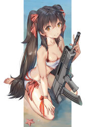 Rule 34 | 1girl, assault rifle, bare shoulders, barefoot, beach, bikini, black hair, blush, breasts, brown eyes, bullpup, cleavage, closed mouth, collarbone, crop top, dsknight, full body, girls&#039; frontline, gun, hair between eyes, hair ribbon, hand on own thigh, highres, holding, holding gun, holding weapon, long hair, looking at viewer, medium breasts, nail polish, navel, ocean, outside border, pink nails, qbz-97, ribbon, rifle, sand, sitting, smile, solo, sparkle, starfish, stomach, striped ribbon, swimsuit, thighs, twintails, type 97 (girls&#039; frontline), very long hair, wariza, weapon, white bikini, wrist ribbon
