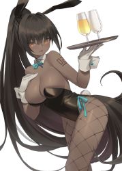 Rule 34 | 1girl, animal ears, aqua bow, aqua bowtie, arm tattoo, black hair, black leotard, blue archive, blush, bow, bowtie, breasts, commentary request, cowboy shot, cup, dark-skinned female, dark skin, detached collar, drinking glass, fake animal ears, fishnet pantyhose, fishnets, gloves, hair between eyes, hand on own chest, highleg, highleg leotard, holding, holding tray, karin (blue archive), karin (bunny) (blue archive), kildir, large breasts, leaning forward, leotard, long hair, looking at viewer, open mouth, pantyhose, playboy bunny, rabbit ears, rabbit tail, sidelocks, simple background, solo, strapless, strapless leotard, tail, tattoo, traditional bowtie, tray, very long hair, white background, white gloves, wrist cuffs, yellow eyes