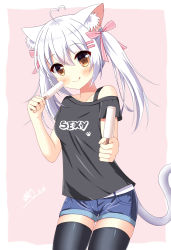 Rule 34 | 1girl, ahoge, animal ears, belt, black shirt, black thighhighs, blouse, blush, brown eyes, cat ears, cat girl, cat tail, clothes writing, collarbone, cowboy shot, denim, denim shorts, english text, eyes visible through hair, food, giving, hair between eyes, hair ornament, hair ribbon, hairclip, head tilt, heart, heart ahoge, highres, holding, holding food, licking lips, melting, off shoulder, original, paw print, pink background, pink ribbon, popsicle, ribbon, shiny skin, shirt, short shorts, short sleeves, shorts, sidelocks, smile, solo, t-shirt, tail, thighhighs, tongue, tongue out, twintails, white belt, white hair, xiaosamiao
