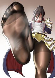 Rule 34 | 1girl, absurdres, black hair, blush, brown eyes, discoshoujo, feet, femdom, foot focus, highres, long hair, looking at viewer, morag ladair (xenoblade), nintendo, open mouth, pantyhose, ponytail, pov, soles, steam, toes, xenoblade chronicles (series), xenoblade chronicles 2