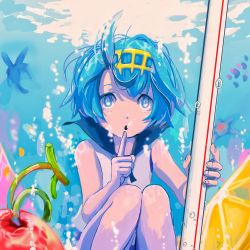 Rule 34 | 1girl, blue eyes, blue hair, blue sailor collar, bubble, cherry, commentary request, creatures (company), drinking straw, finger to own chin, fingernails, food, fruit, game freak, gold hairband, hairband, hands up, highres, holding, holding drinking straw, lana (pokemon), legs together, lemon, nintendo, open mouth, pokemon, pokemon sm, sailor collar, shirt, short hair, sleeveless, sleeveless shirt, trial captain, underwater, water, y (pixiv1616946)