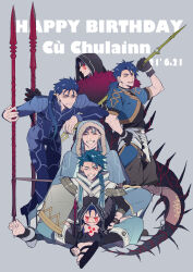 Rule 34 | 6+boys, ;d, arm on own head, armor, asymmetrical clothes, black gloves, blue bodysuit, blue hair, bodysuit, braid, character name, chest tattoo, chibi, closed eyes, cu chulainn (caster) (fate), cu chulainn (fate), cu chulainn (fate) (all), cu chulainn (fate/prototype), cu chulainn (fate/stay night), cu chulainn alter (fate), dated, earrings, facial mark, fangs, fate/grand order, fate/grand order arcade, fate/prototype, fate/stay night, fate (series), frown, gae bolg (fate), gloves, grin, hair over shoulder, hair strand, hand on own hip, happy birthday, highres, holding, holding polearm, holding weapon, hood, jewelry, leaning forward, long hair, looking at viewer, makina (nikki m7 ), male focus, mini cu-chan (fate), mitsudomoe (shape), monster boy, multiple boys, one eye closed, open mouth, parted bangs, polearm, ponytail, purple background, red eyes, revision, sandals, setanta (fate), simple background, single braid, smile, spear, spiked tail, tail, tattoo, thigh gap, toeless legwear, tomoe (symbol), weapon