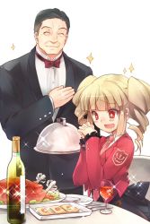 Rule 34 | + +, 07th expansion, 1boy, 1girl, ^ ^, alcohol, beelzebub (umineko), black hair, blonde hair, bow, bowtie, closed eyes, cup, drill hair, drinking glass, drooling, food, fork, formal, gouda toshirou, hand on own chest, necktie, no naku koro ni (series), open mouth, own hands clasped, own hands together, pink necktie, plate, red eyes, smile, sparkle, stakes of purgatory, suit, traditional bowtie, turkey (food), twin drills, twintails, umineko no naku koro ni, wanko (pixiv), wine, wine glass