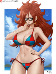 Rule 34 | 1girl, android 21, bikini, blue eyes, breasts, brown hair, cleavage, curvy, dragon ball, dragon ball fighterz, earrings, female focus, glasses, gluteal fold, hand on own hip, jewelry, kyopink, large breasts, long hair, looking at viewer, nail polish, navel, solo, sweat, swimsuit, thigh gap, wide hips