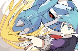 Rule 34 | 1boy, aqua eyes, aqua hair, claws, closed mouth, commentary request, creatures (company), game freak, gen 3 pokemon, highres, jacket, jewelry, komineya san, long sleeves, male focus, metagross, necktie, nintendo, outstretched arm, pokemon, pokemon (creature), pokemon oras, red necktie, ring, shirt, short hair, smile, spiked hair, steven stone, white background, white shirt