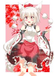 Rule 34 | 1girl, ahoge, animal ears, bare shoulders, blush, breasts, detached sleeves, fang, fingerless gloves, gloves, hat, highres, inubashiri momiji, kemo chiharu, leaf, leaf background, looking at viewer, open mouth, pom pom (clothes), red eyes, shirt, short hair, silver hair, skirt, solo, tail, tokin hat, touhou, wolf ears, wolf tail