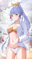 Rule 34 | 1girl, absurdres, ayaka (genshin impact), blue eyes, blush, bow, bra, choker, commentary request, cowboy shot, genshin impact, grey hair, hair bow, hair ornament, hair tubes, hairclip, highres, indoors, long hair, long sleeves, looking at viewer, mole, mole under eye, navel, no pants, open clothes, open shirt, panties, parted lips, ponytail, shirt, sidelocks, solo, stairs, standing, stomach, stuffed animal, stuffed toy, teddy bear, thighs, underwear, very long hair, white choker, white panties, white shirt, yellow bow, yellow bra, yeni1871