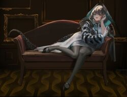 Rule 34 | 1girl, :d, aqua eyes, arknights, black footwear, black pantyhose, couch, empty picture frame, fingerless gloves, gloves, grey hair, hand on own cheek, hand on own face, head rest, head wings, highres, ho&#039;olheyak (arknights), long coat, long hair, long sleeves, looking at viewer, lying, nnicoinu, open mouth, pantyhose, picture frame, revision, sitting, smile, snake tail, tail, white gloves, wings