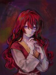 Rule 34 | 1girl, akatsuki no yona, bad id, bad twitter id, belt, commentary request, cowboy shot, hair between eyes, korean commentary, long hair, long sleeves, looking to the side, pink belt, purple eyes, red hair, simple background, solo, upper body, yona (akatsuki no yona), yona hyeon
