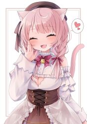 Rule 34 | 1girl, :d, ^ ^, absurdres, ahoge, animal ear fluff, animal ears, arm at side, beret, blush, bow, bowtie, braid, breasts, brown hat, brown ribbon, brown skirt, cat ears, cat girl, cat tail, cleavage, cleavage cutout, closed eyes, clothing cutout, commentary request, commission, cross-laced clothes, cross-laced skirt, detached sleeves, eyes visible through hair, facing viewer, fang, frilled shirt, frilled sleeves, frills, hair ribbon, hand on own cheek, hand on own face, hand up, hat, hat ribbon, heart, high-waist skirt, highres, indie virtual youtuber, izumiya konomi, long hair, long sleeves, medium breasts, open mouth, pink bow, pink bowtie, pink hair, pink ribbon, pink tail, ribbon, ringouulu, second-party source, shirt, skeb commission, skin fang, skirt, sleeveless, sleeveless shirt, smile, solo, spoken heart, tail, tail raised, traditional bowtie, twin braids, twintails, underbust, upper body, virtual youtuber, white background, white shirt, white sleeves