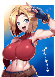 Rule 34 | 1girl, bare shoulders, belt, blonde hair, blue background, blue eyes, blue gloves, blue mary, border, bracelet, breasts, collarbone, crop top, denim, fingerless gloves, gloves, gradient background, highres, jeans, jewelry, large breasts, navel, open mouth, pants, short hair, sleeveless, smile, solo, teeth, the king of fighters, tongue, tukiwani, two-tone background, upper body, upper teeth only, white border, yellow background