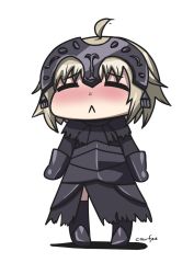 Rule 34 | 1girl, :&lt;, = =, ahoge, armor, black dress, blonde hair, blush, chibi, closed eyes, closed mouth, cowfee, diadem, dot nose, dress, fate (series), frown, full body, gauntlets, highres, jeanne d&#039;arc (fate), jeanne d&#039;arc alter (avenger) (fate), jeanne d&#039;arc alter (fate), long sleeves, riyo (lyomsnpmp) (style), sad, short hair, signature, simple background, solo, standing, thighhighs, white background