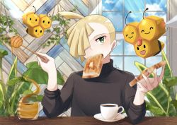 Rule 34 | 1boy, ahoge, alternate costume, blonde hair, bread slice, butter, cloud, combee, commentary request, creatures (company), cup, day, food, food in mouth, game freak, gen 4 pokemon, gladion (pokemon), green eyes, hair over one eye, highres, holding, honey, honey dipper, looking at viewer, male focus, mocacoffee 1001, mouth hold, nintendo, pokemon, pokemon (creature), pokemon sm, pot, saucer, short hair, signature, sky, sparkle, table, teacup, toast, toast in mouth, window