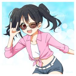 Rule 34 | 1girl, ;), aobisuke, artist name, artist request, belt, black hair, blue pants, blue shorts, blue sky, blush, bow, breasts, cloud, collarbone, collared shirt, day, denim, denim shorts, female focus, flat chest, floating hair, glasses, hair between eyes, hair bow, highres, long hair, long sleeves, looking at viewer, love live!, love live! school idol project, nico nico nii, one eye closed, outdoors, pants, parted lips, pink shirt, red eyes, shirt, short hair, short twintails, shorts, sky, small breasts, smile, solo, tank top, twintails, white belt, white shirt, white tank top, wink, yazawa nico