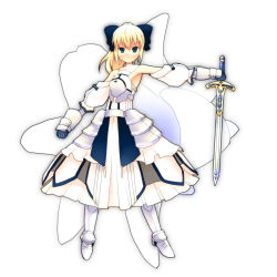 Rule 34 | 1girl, ahoge, armor, artoria pendragon (fate), bare shoulders, blonde hair, bow, caliburn (fate), capcom, detached sleeves, dress, fate/stay night, fate/unlimited codes, fate (series), faulds, gauntlets, greaves, hair bow, kotaka, ponytail, saber (fate), saber lily, solo, sword, tsurime, weapon