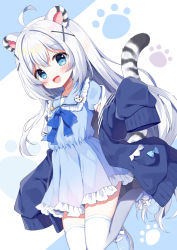 Rule 34 | 1girl, :d, ahoge, animal ears, blue background, blue dress, blue eyes, blue footwear, blue jacket, blue sailor collar, blush, commentary, copyright request, dress, frilled dress, frilled sailor collar, frills, grey hair, hair between eyes, hair ornament, jacket, long sleeves, mauve, off shoulder, open clothes, open jacket, open mouth, paw print, paw print background, pleated dress, puffy long sleeves, puffy sleeves, sailor collar, sailor dress, shoes, sleeves past fingers, sleeves past wrists, smile, solo, tail, tail raised, thighhighs, tiger ears, tiger girl, tiger tail, two-tone background, virtual youtuber, white background, white sailor collar, white thighhighs, x hair ornament