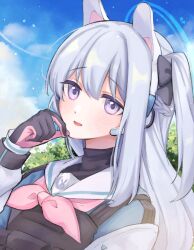 Rule 34 | 1girl, animal ears, black gloves, blue archive, blue halo, blush, braid, day, fake animal ears, gloves, grey hair, hair between eyes, halo, highres, long hair, long sleeves, looking at viewer, miyako (blue archive), neckerchief, one side up, open mouth, outdoors, pink gloves, pink neckerchief, purple eyes, rabbit ears, sailor collar, smile, solo, tsukushi haru, two-tone gloves, upper body, white sailor collar