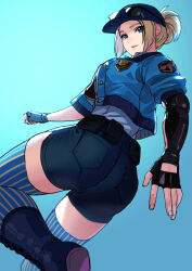 Rule 34 | 1girl, ass, baseball cap, blonde hair, blue eyes, blue jacket, blue shorts, blue thighhighs, breasts, denim, eyewear on head, final fight, fingerless gloves, folded ponytail, from behind, gloves, hat, highres, jacket, kagematsuri, large breasts, looking at viewer, lucia morgan, open clothes, open jacket, partially fingerless gloves, police, police badge, police uniform, policewoman, pouch, shorts, simple background, smile, standing, standing on one leg, street fighter, street fighter v, striped clothes, striped thighhighs, sunglasses, thighhighs, uniform