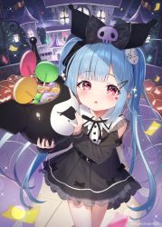 Rule 34 | 1girl, :o, black bow, black dress, black ribbon, black sleeves, blue hair, blush, bow, candle, candy, candy wrapper, center frills, collared dress, commentary request, detached sleeves, dress, facial mark, food, frills, hair bow, hair ornament, hair ribbon, hairclip, heart, highres, holding, jack-o&#039;-lantern, kuromi, lollipop, long hair, long sleeves, looking at viewer, onegai my melody, parted lips, puffy long sleeves, puffy sleeves, red eyes, ribbon, sanrio, sleeves past wrists, solo, standing, teeth, tsukiman, twintails, twitter username, upper teeth only, very long hair