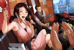 Rule 34 | 1boy, 1girl, alcohol, armpits, bag, bare shoulders, black hair, blush, bracelet, cellphone, collared shirt, commentary request, couch, dress, closed eyes, glass, highres, holding, holding microphone, holding tray, indoors, jewelry, karaoke, crossed legs, microphone, music, necklace, open mouth, original, phone, pink dress, red neckwear, shirt, singing, sleeves rolled up, smartphone, table, television, tray, urasuji samurai, waiter