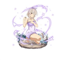 Rule 34 | 1girl, ;), barefoot, breasts, cleavage, collarbone, faux figurine, feet, floral print, frills, full body, grey hair, medium breasts, official art, one eye closed, on one knee, pointy ears, purple towel, red eyes, short hair with long locks, sidelocks, simple background, smile, solo, strea (sao-alo), sword art online, toes, white background