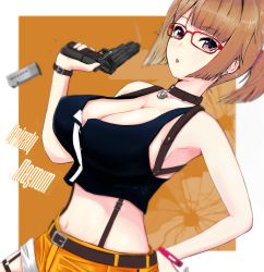 Rule 34 | 1girl, alternate hairstyle, bizen kurage, blush, breasts, brown hair, cleavage, commentary request, english text, girls&#039; frontline, glasses, grizzly mkv (girls&#039; frontline), grizzly mkv (weekend cop) (girls&#039; frontline), gun, highres, l.a.r. manufacturing, lar grizzly win mag, large breasts, looking at viewer, magazine (weapon), official alternate costume, open mouth, ponytail, purple eyes, short hair, shorts, solo, weapon, witness holes