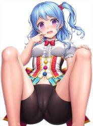 Rule 34 | 1girl, bang dream!, bike shorts, blue hair, blush, bow, cameltoe, center frills, corset, earrings, embarrassed, frilled shirt collar, frilled sleeves, frills, hair bow, hand on own cheek, hand on own face, hand on own knee, jewelry, knees up, lambda (kusowarota), long hair, looking at viewer, matsubara kanon, navel, one side up, open mouth, pom pom (clothes), purple eyes, red bow, shirt, solo, spread legs, striped, sweatdrop, underbust, vertical stripes, white background, white shirt