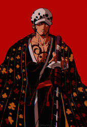 Rule 34 | 1boy, absurdres, black hair, black kimono, chest tattoo, eeju, facial hair, hand under clothes, haori, hat, highres, holding, holding sword, holding weapon, japanese clothes, kimono, male focus, mouth hold, one piece, red background, sash, shaded face, sheath, sheathed, short hair, solo, stalk in mouth, sword, tattoo, trafalgar law, weapon