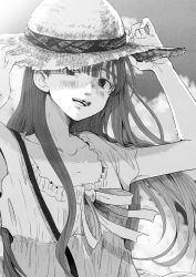Rule 34 | 1girl, bruise, bruise on face, bruised eye, cloud, dress, eyebrows hidden by hair, flat chest, greyscale, hat, highres, injury, inunishimashita, long hair, missing tooth, monochrome, open mouth, oyasumi punpun, sky, smile, solo, sun hat, tanaka aiko, upper body