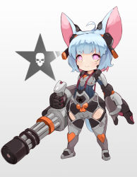 Rule 34 | 1girl, ahoge, animal ears, blue hair, blue shirt, blush, closed mouth, copyright request, facial mark, full body, gatling gun, gradient background, grey background, grey footwear, gun, headgear, highres, holding, holding gun, holding weapon, kobi (piliheros2000), m134 minigun, machine gun, medium machine gun, minigun, mouse ears, multicolored hair, multiple-barrel firearm, pink eyes, pink hair, rotary machine gun, shirt, short eyebrows, skull, smile, solo, standing, star (symbol), thick eyebrows, two-tone hair, weapon