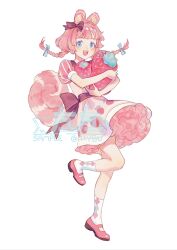 Rule 34 | 1girl, :d, absurdres, animal ears, back bow, blue eyes, bow, dress, food, fruit, full body, hair bow, hidari (nanmu-left), highres, holding, holding food, leg up, mary janes, medium hair, open mouth, original, oversized food, oversized object, pink dress, pink footwear, pink hair, puffy short sleeves, puffy sleeves, red bow, shoes, short sleeves, smile, socks, solo, standing, standing on one leg, strawberry, tail, watermark, white background, white socks