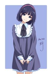 Rule 34 | black dress, black hair, blue eyes, bob cut, closed mouth, copyright request, dress, hairband, head tilt, highres, long sleeves, looking at viewer, nightgown, nii manabu, no pants, outside border, short hair, sidelocks, signature, simple background, smile, smock, solo, split mouth, standing, thighs