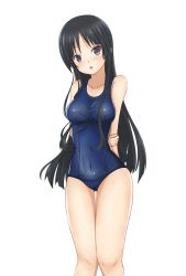 Rule 34 | absurdres, akiyama mio, arms behind back, black hair, blue eyes, blue one-piece swimsuit, blush, breasts, head tilt, highres, k-on!, legs together, long hair, narrow waist, one-piece swimsuit, open mouth, parted bangs, school swimsuit, simple background, skin tight, solo, surprised, swimsuit, thighs, very long hair, white background, wide-eyed, wide hips, yasuc