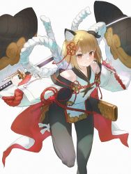 Rule 34 | 1girl, animal ears, bare shoulders, blonde hair, blush, brown eyes, closed mouth, commentary, ear down, feet out of frame, granblue fantasy, grey pantyhose, highres, holding, holding sword, holding weapon, katana, light blush, long sleeves, looking at viewer, pantyhose, pelvic curtain, scabbard, sheath, short hair, simple background, smile, solo, standing, standing on one leg, sword, unsheathed, vajra (granblue fantasy), wasabi60, weapon, white background