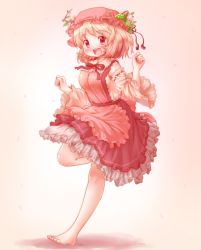Rule 34 | 1girl, :d, aki minoriko, apron, arinu, barefoot, blonde hair, blush, cherry blossoms, commentary, detached sleeves, food, fruit, full body, gradient background, grapes, hair ornament, hand up, hat, highres, layered skirt, looking at viewer, mob cap, open mouth, pink background, red eyes, short hair, simple background, skirt, smile, solo, standing, standing on one leg, touhou