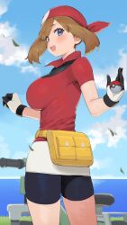 Rule 34 | 1girl, bandana, bike shorts, black gloves, black shorts, blue eyes, blue sky, blush, breasts, brown hair, cloud, cloudy sky, commentary request, creatures (company), game freak, gloves, highres, holding, holding poke ball, large breasts, looking at viewer, looking back, may (pokemon), miniskirt, multicolored clothes, multicolored gloves, nekoshoko, nintendo, open mouth, outdoors, parted bangs, poke ball, pokemon, pokemon rse, red bandana, red shirt, shirt, shorts, sidelocks, skirt, sky, smile, solo, two-tone gloves, white skirt, yellow bag