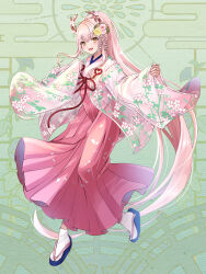 Rule 34 | 1girl, :d, absurdly long hair, antlers, commission, dairoku ryouhei, floral print, flower, full body, green background, hair flower, hair ornament, highres, horns, japanese clothes, kimono, long hair, looking at viewer, open mouth, pink hair, pink kimono, sandals, sidelocks, smile, socks, solo, standing, very long hair, wide sleeves, yellow eyes, yoshiki1020, zouri