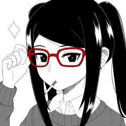 Rule 34 | 1girl, adjusting eyewear, alzcats, bad id, bad pixiv id, bespectacled, black hair, blush, cardigan, cigarette, commentary, cosplay, english commentary, glasses, high contrast, jill stingray, looking at viewer, oshiete! galko-chan, otako (galko), otako (galko) (cosplay), red-framed eyewear, school uniform, sidelocks, solo, spot color, swept bangs, twintails, unbuttoned, unbuttoned shirt, va-11 hall-a