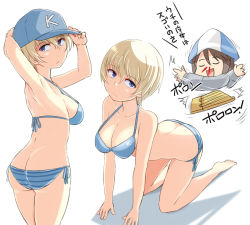 Rule 34 | 1girl, all fours, ass, baseball cap, bikini, blonde hair, blood, blue bikini, blue eyes, breasts, butt crack, character request, cleavage, frown, girls und panzer, hair between eyes, hat, instrument, kitayama miuki, large breasts, mika (girls und panzer), nosebleed, short hair, side-tie bikini bottom, sideboob, simple background, solo, striped bikini, striped clothes, swimsuit, white background, youko (girls und panzer)