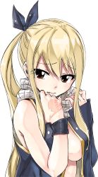Rule 34 | 1girl, blonde hair, blue ribbon, blue shirt, breasts, brown eyes, cosplay, fairy tail, highres, long hair, lucy heartfilia, mashima hiro, natsu dragneel (cosplay), open clothes, open shirt, ribbon, scarf, shirt, solo, tattoo, transparent background, white scarf