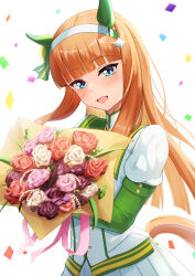 Rule 34 | 1girl, absurdres, animal ears, arugou, blue eyes, blush, bouquet, bow, ear covers, flower, hair ornament, hairband, highres, hime cut, holding, holding bouquet, horse ears, horse girl, horse tail, long hair, long sleeves, looking at viewer, open mouth, orange hair, pleated skirt, shirt, silence suzuka (umamusume), simple background, skirt, smile, solo, tail, umamusume, white background, white hairband, white shirt, white skirt