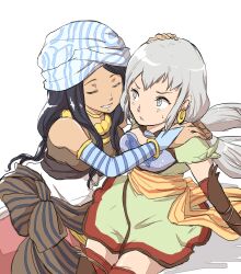 Rule 34 | 2girls, black hair, breasts, closed mouth, detached sleeves, earrings, gensou suikoden, gensou suikoden tierkreis, grey eyes, grey hair, highres, jewelry, long hair, low twintails, marica (suikoden tierkreis), medium breasts, minat111, multiple girls, necklace, open mouth, robe, sash, sisuca (suikoden), smile, striped, thighhighs, twintails, very long hair, white background, white hair