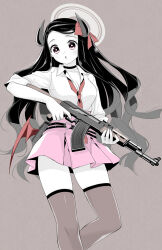 Rule 34 | 1girl, :o, alternate costume, belt, black hair, breasts, choker, cleavage, collared shirt, demon girl, demon horns, demon wings, dress shirt, feet out of frame, finger on trigger, grey background, grey hair, grey thighhighs, gun, halo, heart o-ring, highres, holding, holding gun, holding weapon, horn ornament, horn ribbon, horns, kamado nezuko, kanekiyo miwa, kimetsu no yaiba, long hair, looking at viewer, low wings, medium breasts, mini wings, miniskirt, multicolored hair, necktie, partially colored, pink skirt, pleated skirt, red eyes, red necktie, red ribbon, red wings, ribbon, rifle, shirt, shirt tucked in, simple background, skindentation, skirt, sleeves rolled up, solo, standing, thighhighs, two-tone hair, very long hair, weapon, white shirt, wings, zettai ryouiki