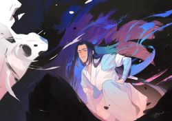 Rule 34 | 2boys, aqua eyes, bean mr12, black hair, long hair, low-tied long hair, luo xiaohei, multiple boys, parted lips, short sleeves, sidelocks, signature, smile, luo xiaohei zhanji, very long hair, wuxian (the legend of luoxiaohei)