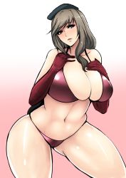 Rule 34 | 1girl, bikini, blush, breast suppress, breasts, brown eyes, brown hair, character request, cleavage, curvy, hifumi hajime, highres, huge breasts, long hair, looking at viewer, navel, open mouth, shiny skin, smile, solo, swimsuit, thick thighs, thighs, wide hips