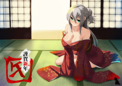 Rule 34 | 1girl, bare legs, bare shoulders, breasts, cat, cleavage, collarbone, dangan neko, full body, green eyes, happy new year, highres, indoors, japanese clothes, kimono, looking at viewer, new year, off shoulder, open clothes, open kimono, original, silver hair, sitting, sliding doors, smile, solo, sunlight, tatami, yokozuwari