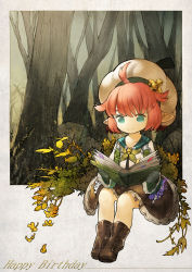 Rule 34 | ahoge, baiguiyu, blue sailor collar, book, bookmark, boots, brown footwear, brown skirt, closed mouth, commentary request, etrian odyssey, grass, green eyes, green neckerchief, happy birthday, herbalist (sekaiju), highres, holding, holding book, neckerchief, open book, outdoors, pleated skirt, pointy ears, red hair, sailor collar, school uniform, sekaiju no meikyuu, sekaiju no meikyuu 5, serafuku, short hair, sitting, skirt, smile, solo, tree