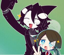 Rule 34 | 1boy, 1girl, ambiguous gender, androgynous, black eyes, black gloves, black hair, black suit, blue eyes, blush, cellphone, colored skin, commission, crossover, crying, crying with eyes open, fins, formal, funamusea, funamusea (artist), ghost, gloves, green background, holding, holding phone, indie virtual youtuber, mizukichy, mole, mole under eye, multicolored hair, necktie, official art, one eye closed, oounabara to wadanohara, open mouth, orca boy, outline, phone, ponytail, red necktie, selfie, short hair, skeb commission, smartphone, sparkle, suit, tears, two-tone hair, v, white hair, white outline, white skin